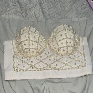 Elegant Pearl-Embellished White Bustier